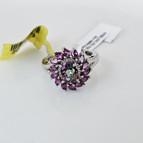 Genuine Mystic Topaz & Rhodolite Garnet Ring Platinum Over Sterling Silver Sz 6 - Picture 4 of 9